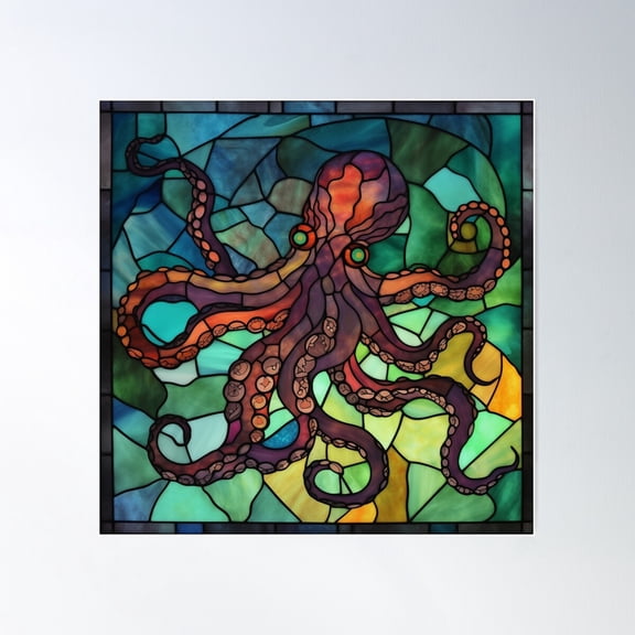 Octopus In Stained Glass Poster Wall Art, Modern Wall Decor For Living Room Bedroom, 17x17 UNFRAMED