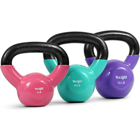 Yes4All 30 lb Vinyl Coated / PVC Kettlebell, Multicolor, Combo / Set, Includes 5-15lb