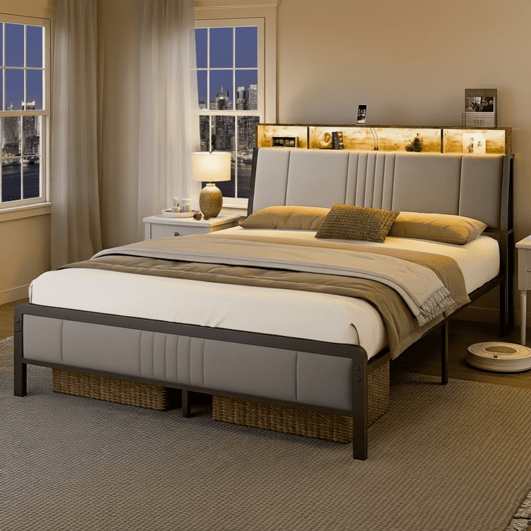 Sailvan Full Size Bed Frame with Storage Headboard & LED Lights, Gray photo 1