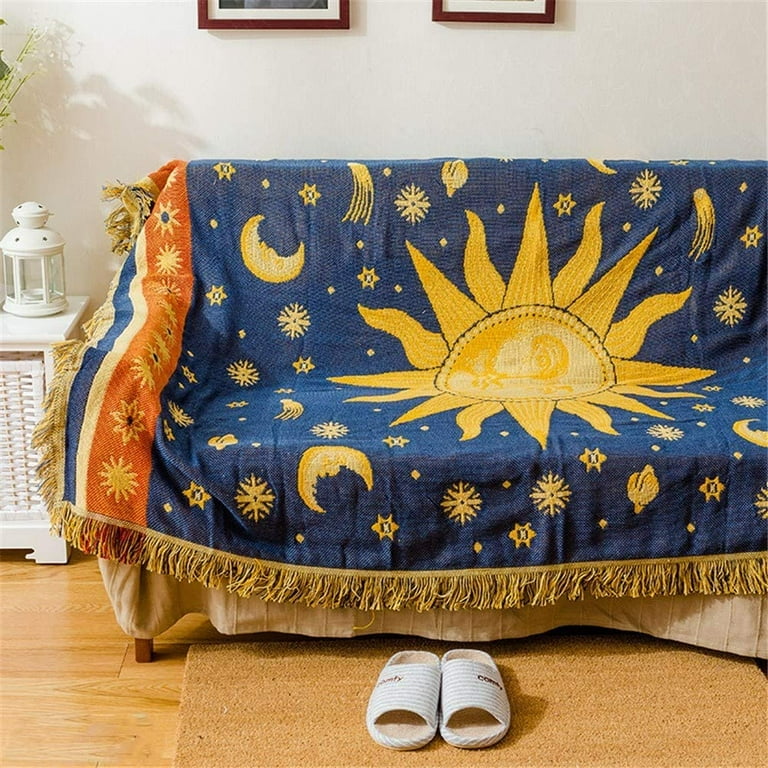 Sun Moon Stars Boho Throw Blanket for Couch, Cotton Linen