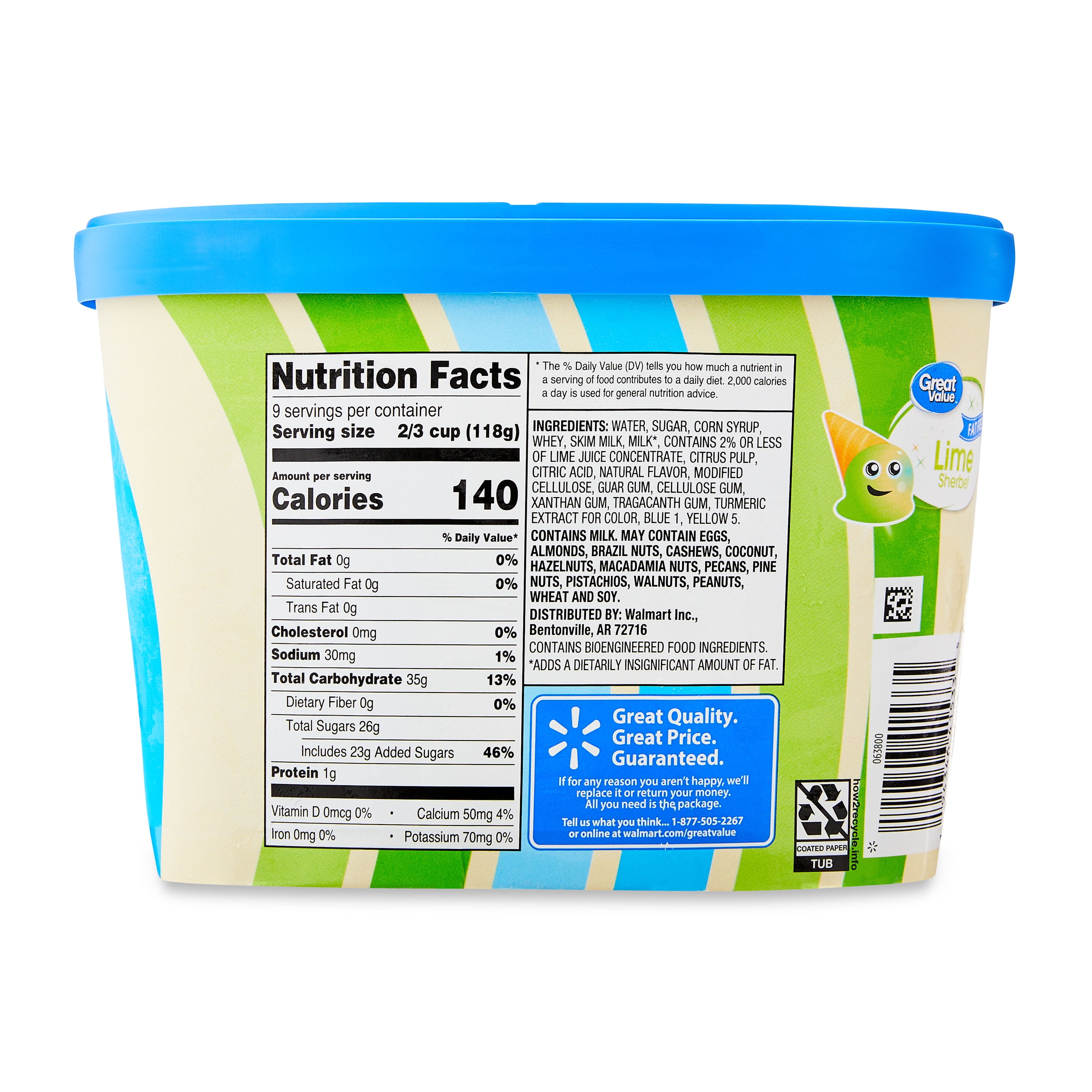 Great Value Fat Free Lime Sherbet, 48 fl oz (Frozen)