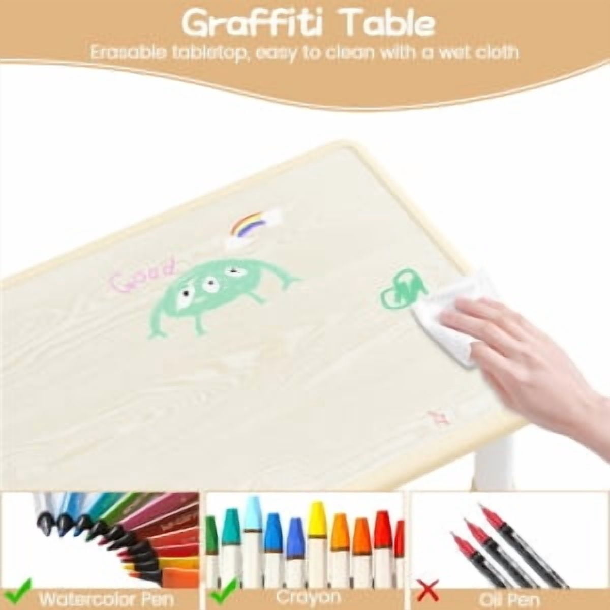 Kids Table & 2 Chair Set,Square Table and Chairs Set,Height Adjustable Toddler Table with Graffiti Desktop,Children Multi-Activity Table for 2,Kids Furniture for Ages 2-8