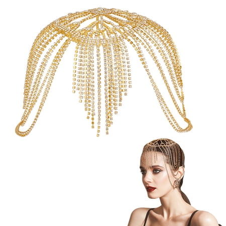 Rhinestone Mesh Headpiece Cap Alloy Head Chain Bridal Party Hair Accessories for Women Girls Golden 300x320~380x6.5mm diy