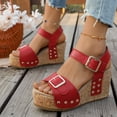 thumbnail image 2 of Sandales Compensées à Semelle en Liège pour Femmes, Mode, Cloutées, Confortables, à Bout Ouvert, Plateforme, Chaussures Habillées avec Boucle à la Cheville, Rouge, Taille 9,5, 2 of 7
