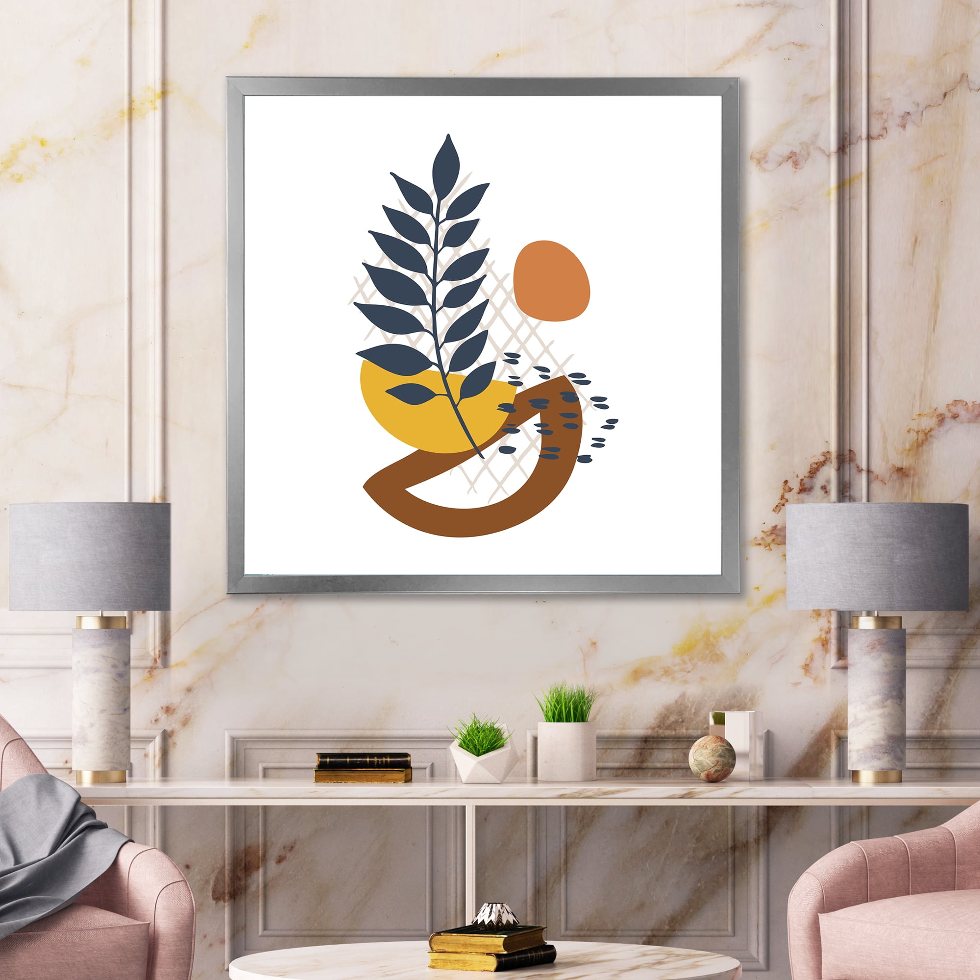 Designart 'Abstract Leaves With Elementary Shapes' Modern Framed Art Print