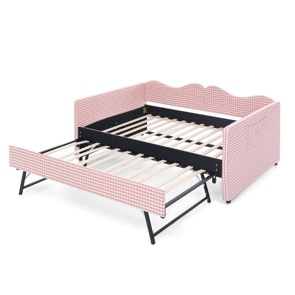 MIKIBAMA Pink Full Size Gingham Upholstered Daybed with Pull‑Out Trundle, Solid Wood Frame, Side Storage Pockets, Sofa Bed for Guest Bedroom