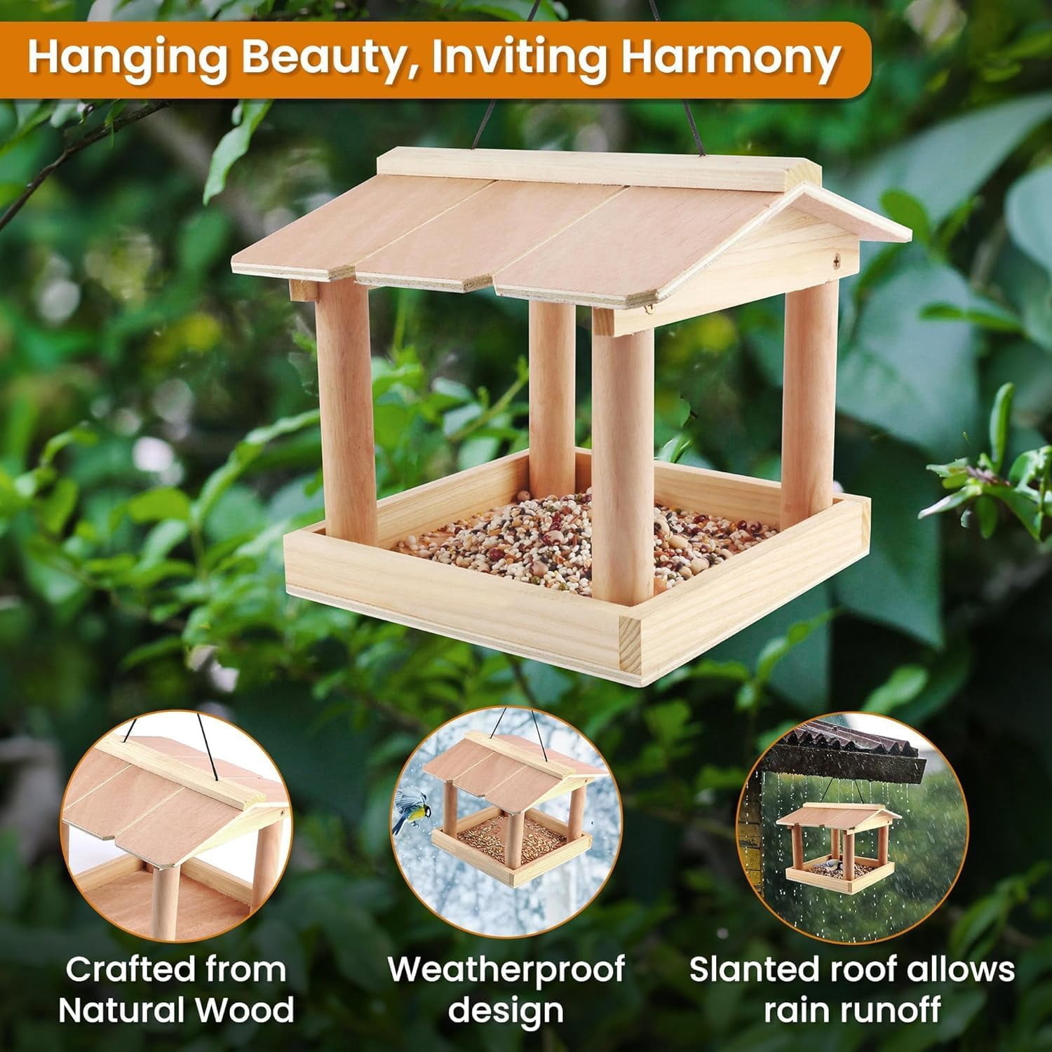 Hanging Bird Feeder for Outdoors – Large Capacity Birdfeeders for Outside Hanging; Weatherproof Feeder for Small Birds; Cute Decorative Garden Bird House Feeder; Patio Compatible