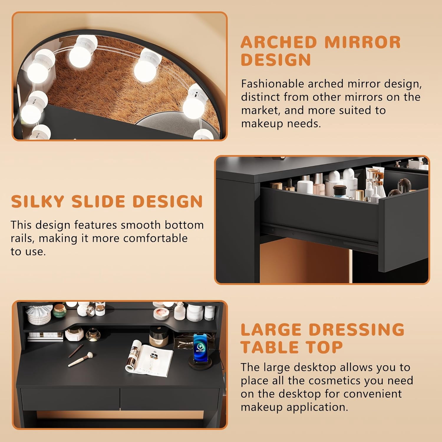 Pipleo  32" Lighted Mirror Vanity Desk with Power Outlet, Small Makeup Table with 2 Drawers & 6 Shelves, Black Vanity for Bedroom, Small Spaces, Easy Assembly