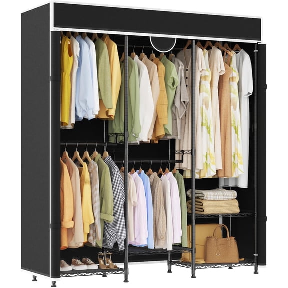 Heavy Duty Portable Closet Wardrobe with Cover, Carbon Steel Adjustable Storage System, 1100 lbs Freestanding Clothes Rack Organizer for Bedroom Storage