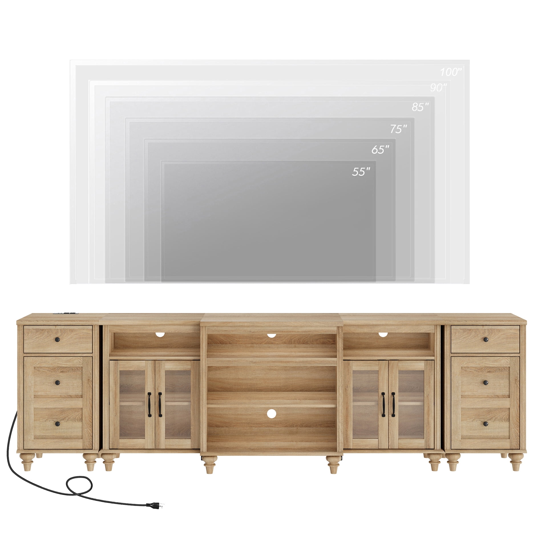 Farmhouse Large TV Stand for TVs Up to 100 inch with Charging Station, 4 Glass Doors and Wood Universal TV Console with Storage Cabinets, Entertainment Center Table for Living Room, Bedroom, Oak