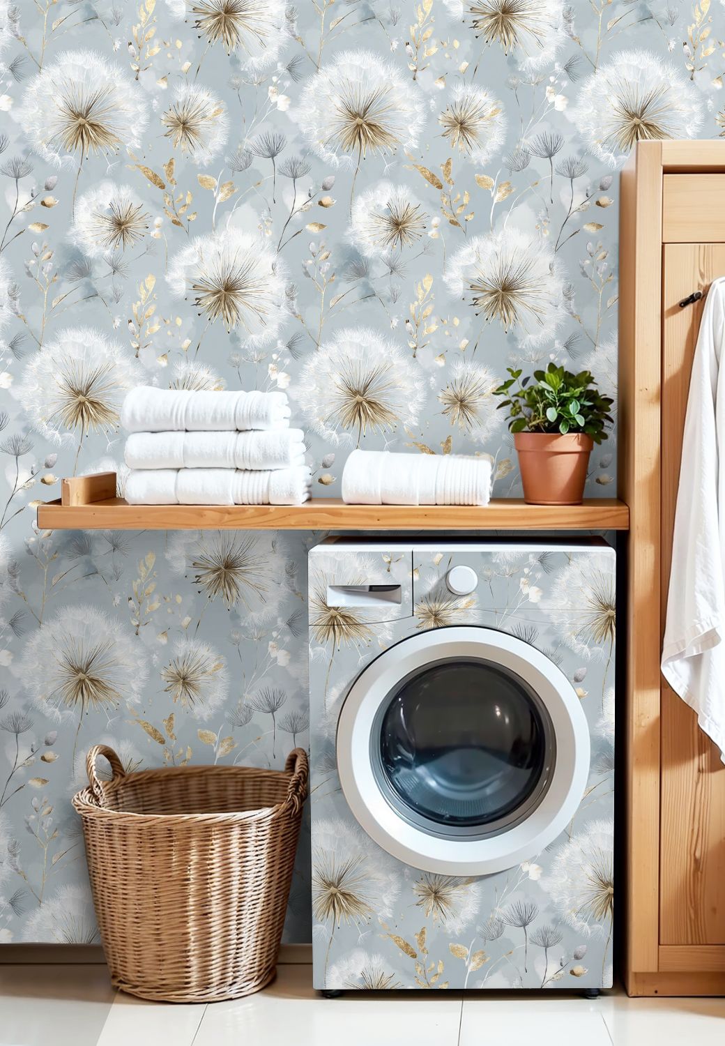 Boho Peel and Stick Wallpaper Delicate Dandelion Gold Floral Soft Blue Wall Mural 17.7in x 9.8ft Self Adhesive Removable Wall Paper Renter Friendly Wallpaper for Nursery Bedroom Cabinets