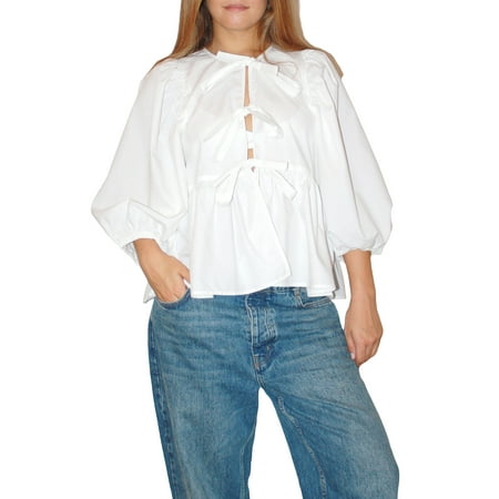 ZIYIXIN Women Puff Sleeve Peplum Shirts Y2k Lace Up Tie Front Ruffle Hem Loose Blouse Dressy Casual Babydoll Tops