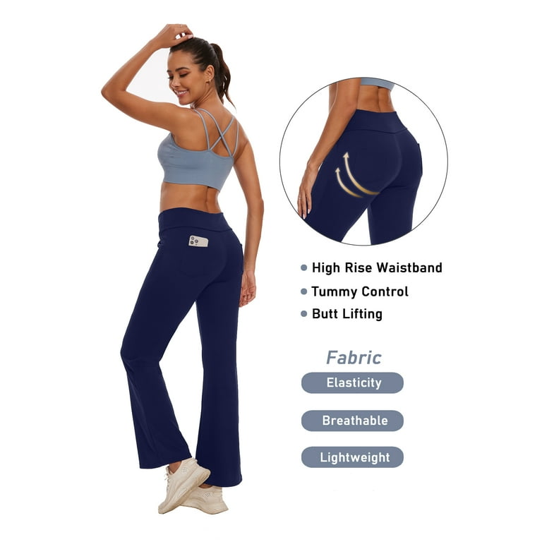 Hanerdun Women Bootcut Yoga Pants with Pockets Female High Waist Bootleg Trousers Workout Activewear Navy Blue M