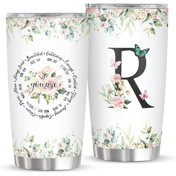 Personalized Initial R Tumbler 20oz: Monogrammed Christian Gift for Women – Birthday Mother's Day Religious Inspiration – Custom Coffee Mug with Elegant Design