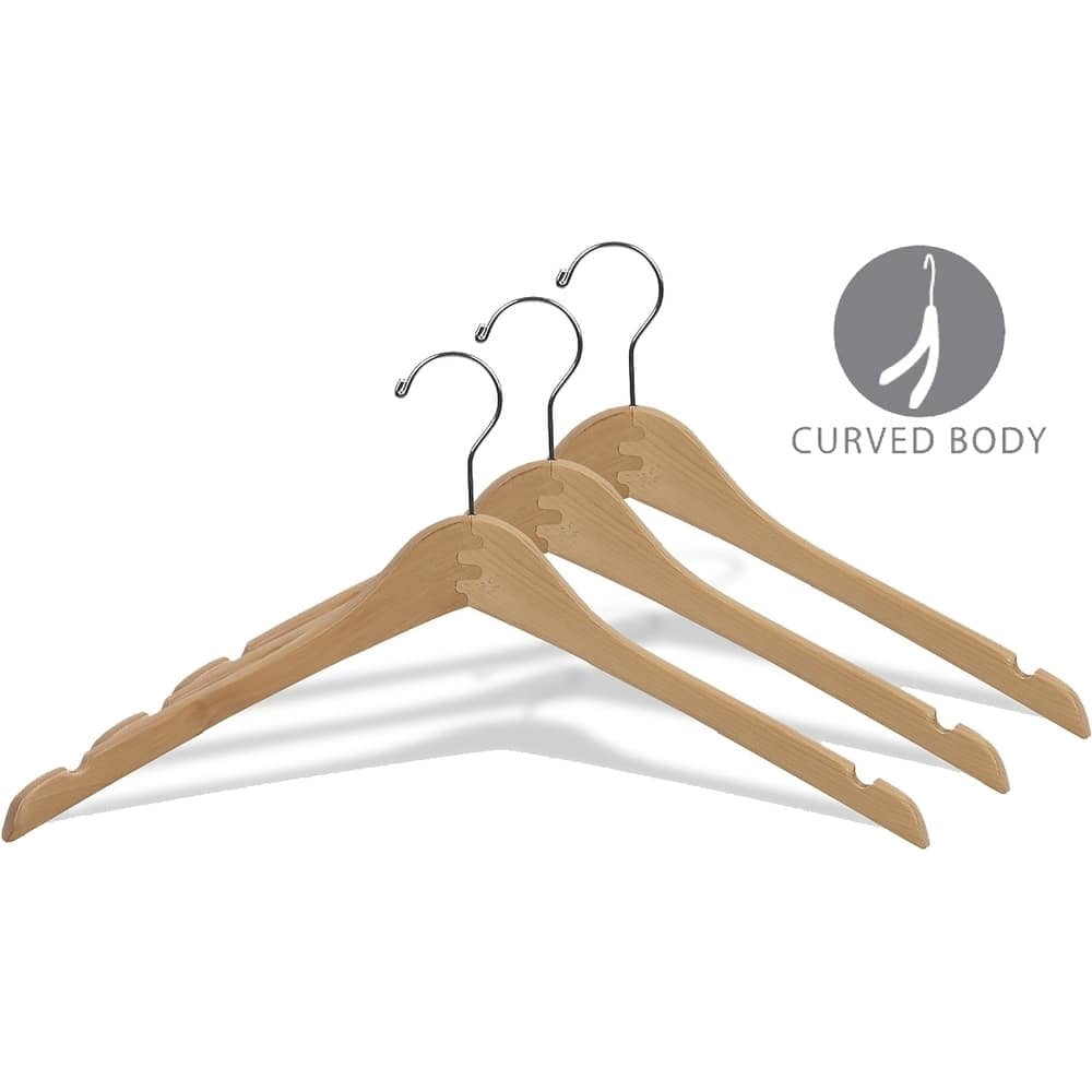 The Great American Hanger Company Curved Wooden Top Hanger with Natural Finish, 1/2 Inch Thick Hangers with Chrome Swivel Hook & Notches For Hanging