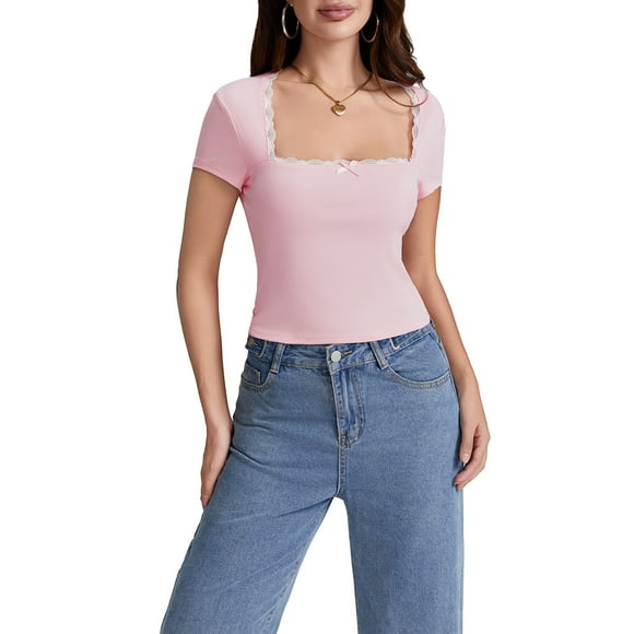 Pudcoco Women's Summer Crop Tee Solid Color Lace Trim Cap Sleeve Square Neck Show Navel Tops Trendy Streetwear