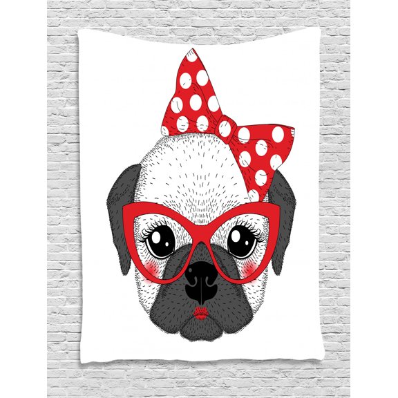 Bulldog Tapestry, Funny Female Pet with Pin Up Style Bowtie and Retro Style Glasses, Wall Hanging for Bedroom Living Room Dorm Decor, 60W X 80L Inches, Vermilion Grey and Black, by Ambesonne