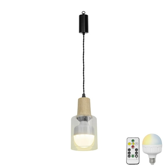 KAYYELAMP Remote Dimmable Rechargeable Battery 3.9Ft Adjustable Height Pendant Light Wood Base Clear Glass Shade Modern Design for Home Kitchen Bedroom
