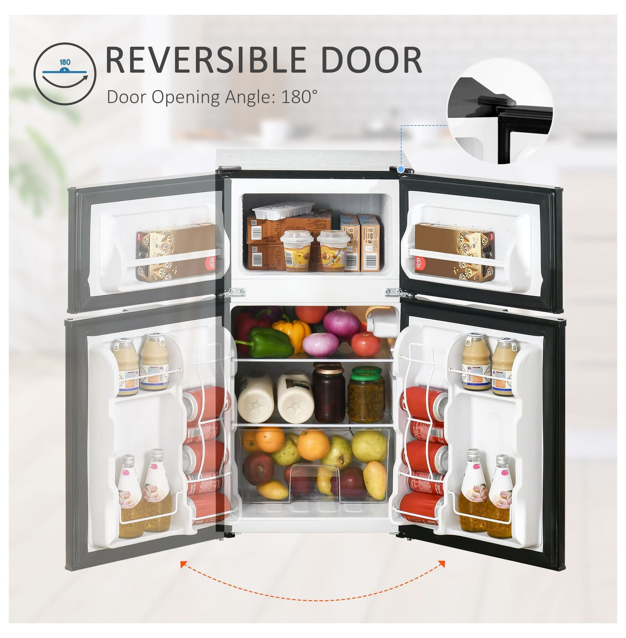 3.2 Cu.Ft Mini Fridge with Freezer - Double Door Refrigerator Adjustable Thermostat Reversible Door Black - Dorm, Apartment, Bedroom