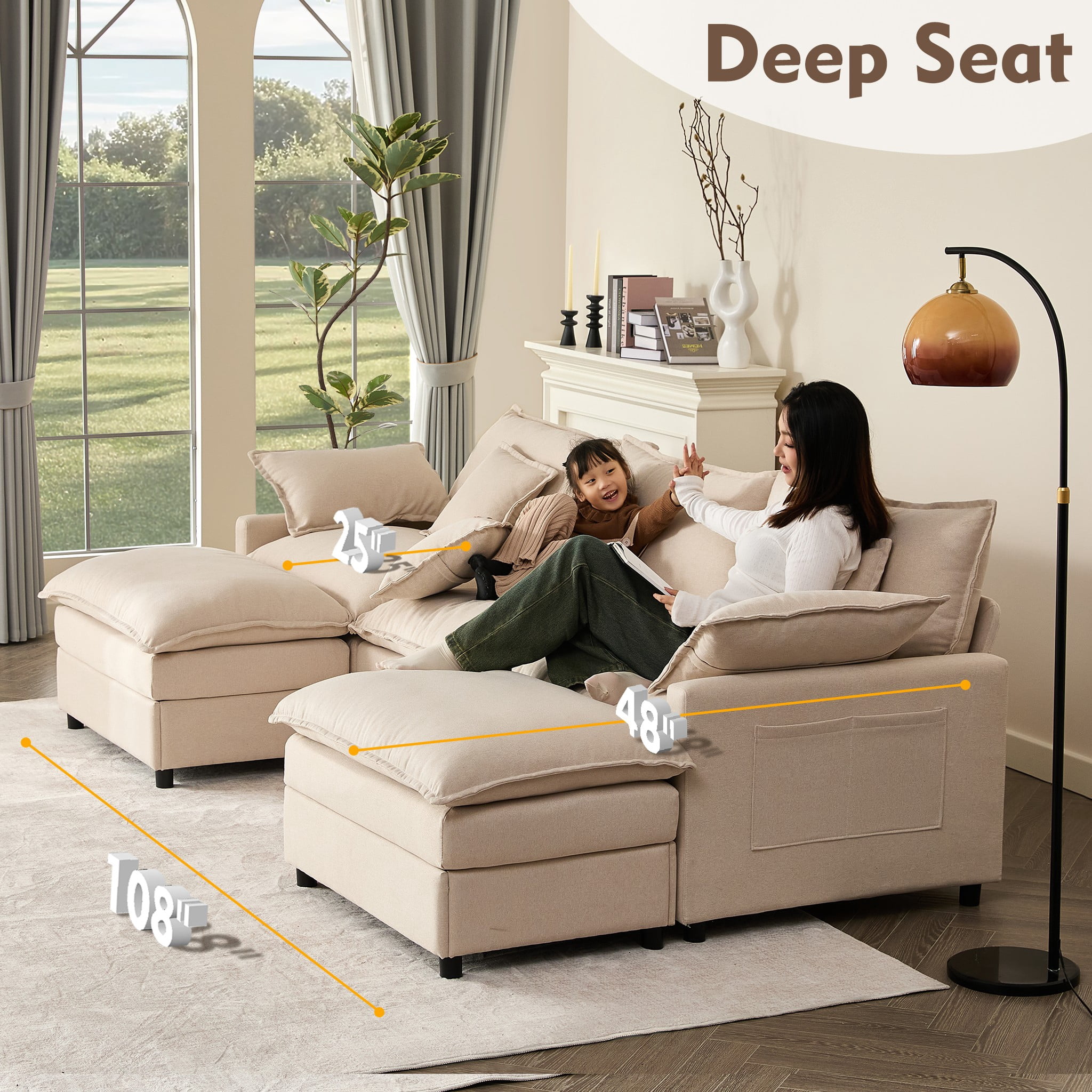 Bigsyy 3 - Seat Sectional Sofa Couch, Comfy Cloud Style, Deep Seat, Sleeper Function with Throw Pillows. Ideal for Adult - Occupied Living Rooms, Modern Design, Cozy Beige