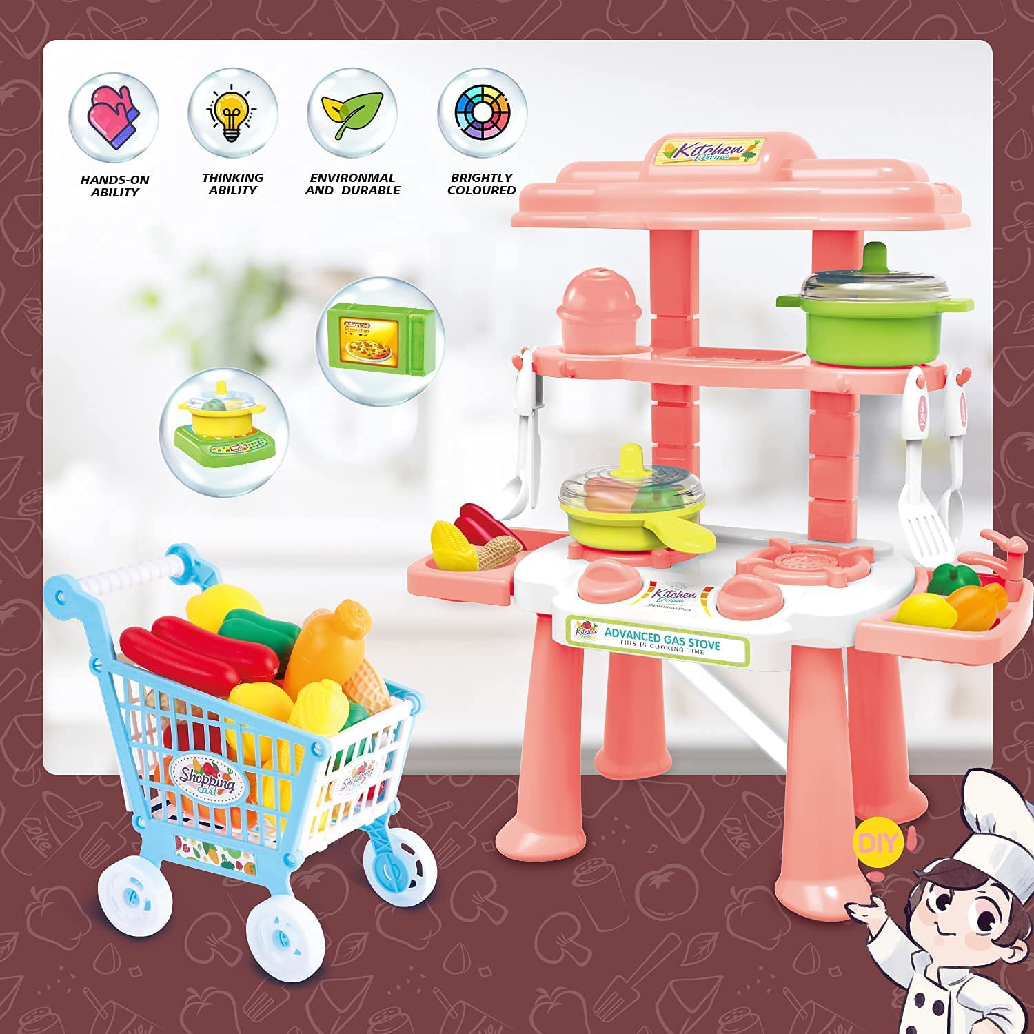 SDMAX Kids Pretend Play Pink Mini Kitchen With Shopping Cart & Accessories For Age 3+