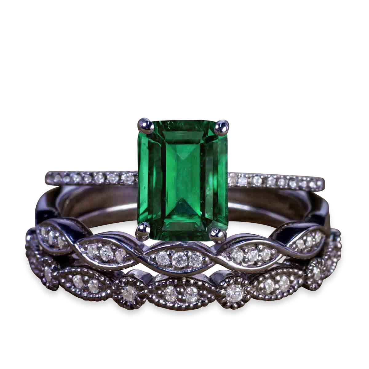 JeenMata 2.25 Carat Rectangle Vivid Lab Created Green Emerald Trio Wedding Ring Set in 18k Black Gold over Silver