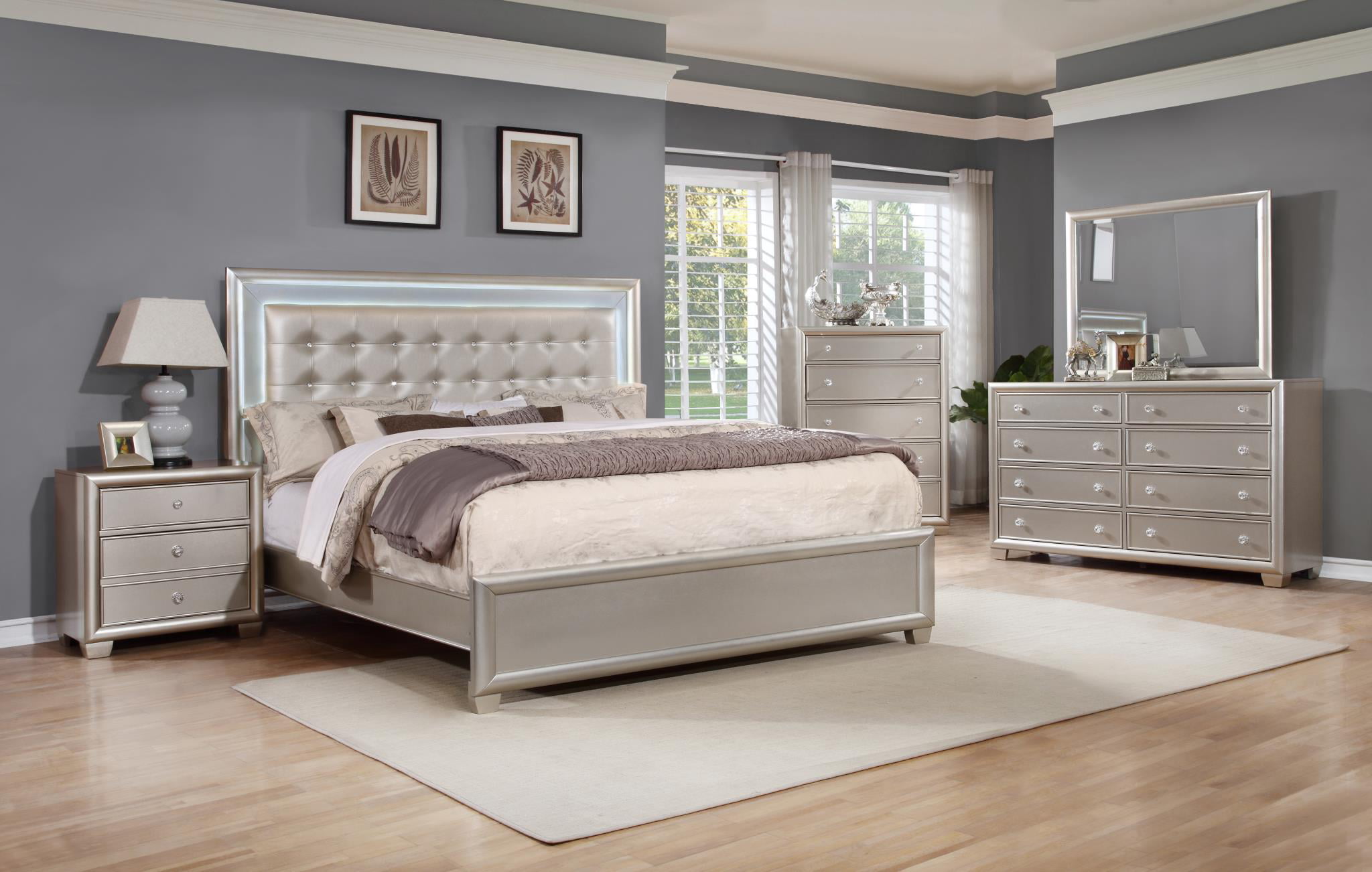 Modern 4Pc Bedroom Set King LED Faux Leather Bed Dresser
