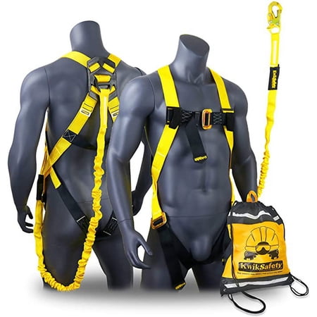KwikSafety (Charlotte, NC) SCORPION Safety Harness w/attached 6ft. Tubular Lanyard on back | OSHA ANSI Fall Protection | INTERNAL Shock Absorbing Lanyard | Construction Carpenter Scaffolding