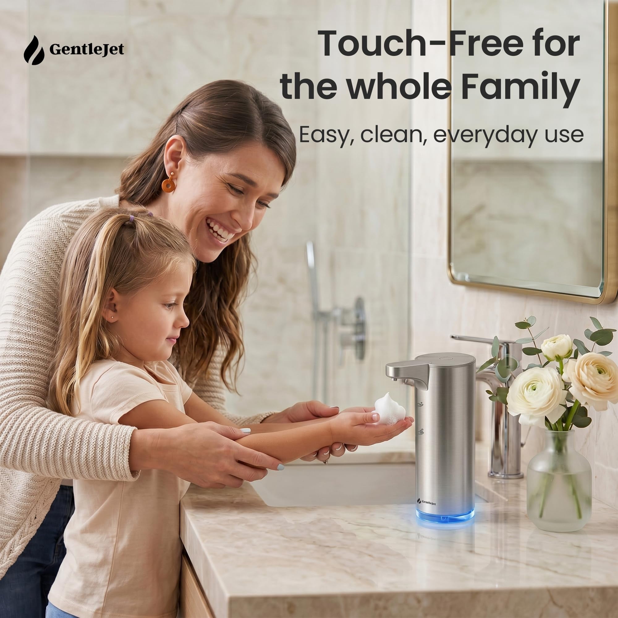 GentleJet EasyFoam Automatic Foaming Soap Dispenser  Touchless Sensor, USB-C Rechargeable, 304 Stainless Steel, IPX5 Waterproof for Bathroom Kitchen Sink, 280 ml