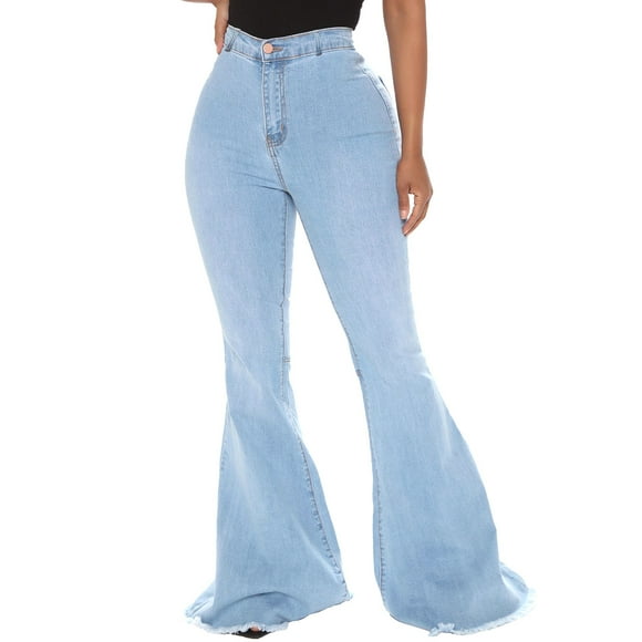 Yuyuzo Women Bell Bottom Jeans Elastic Waist High Waisted Flared Jean Raw Hem Denim Pants
