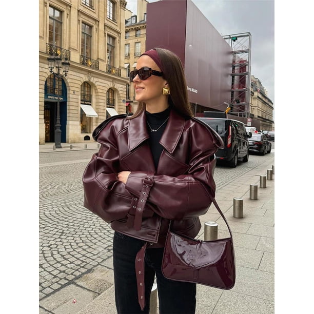 Chaqueta de cuero con solapa Lisa para mujer, abrigo informal holgado con bolsillos y manga larga, prendas de vestir exteriores de calle alta para otoño 2024