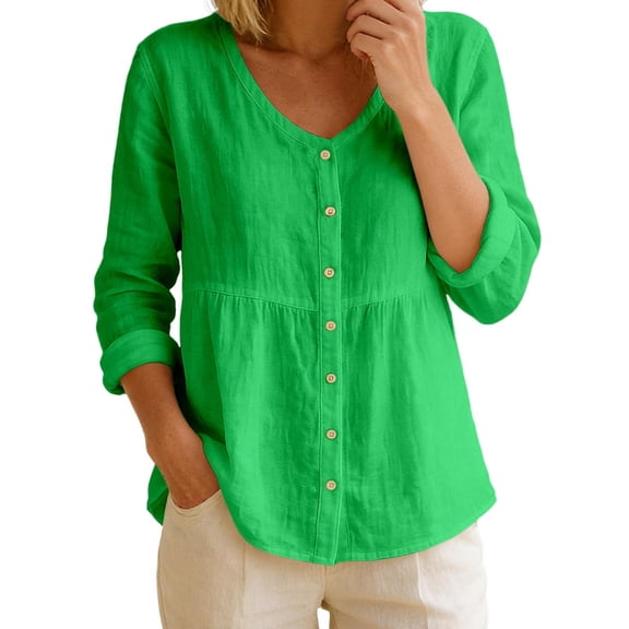 XIAOCHA Women's Linen Blouse Casual Shirt Long Sleeve V Neck Button Front Pleated Hem Casual Top Lightweight Breathable Relaxed Daily Office Vacation Blouses