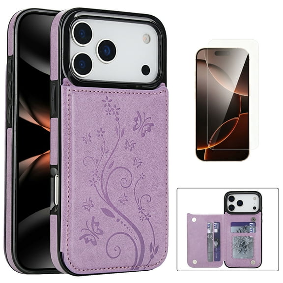 Dteck Wallet Case for iPhone 17 Pro Max with Card Holder, Flower Back Flip Protective Phone Cover with HD Screen Protector for iPhone 17 Pro Max,Purple