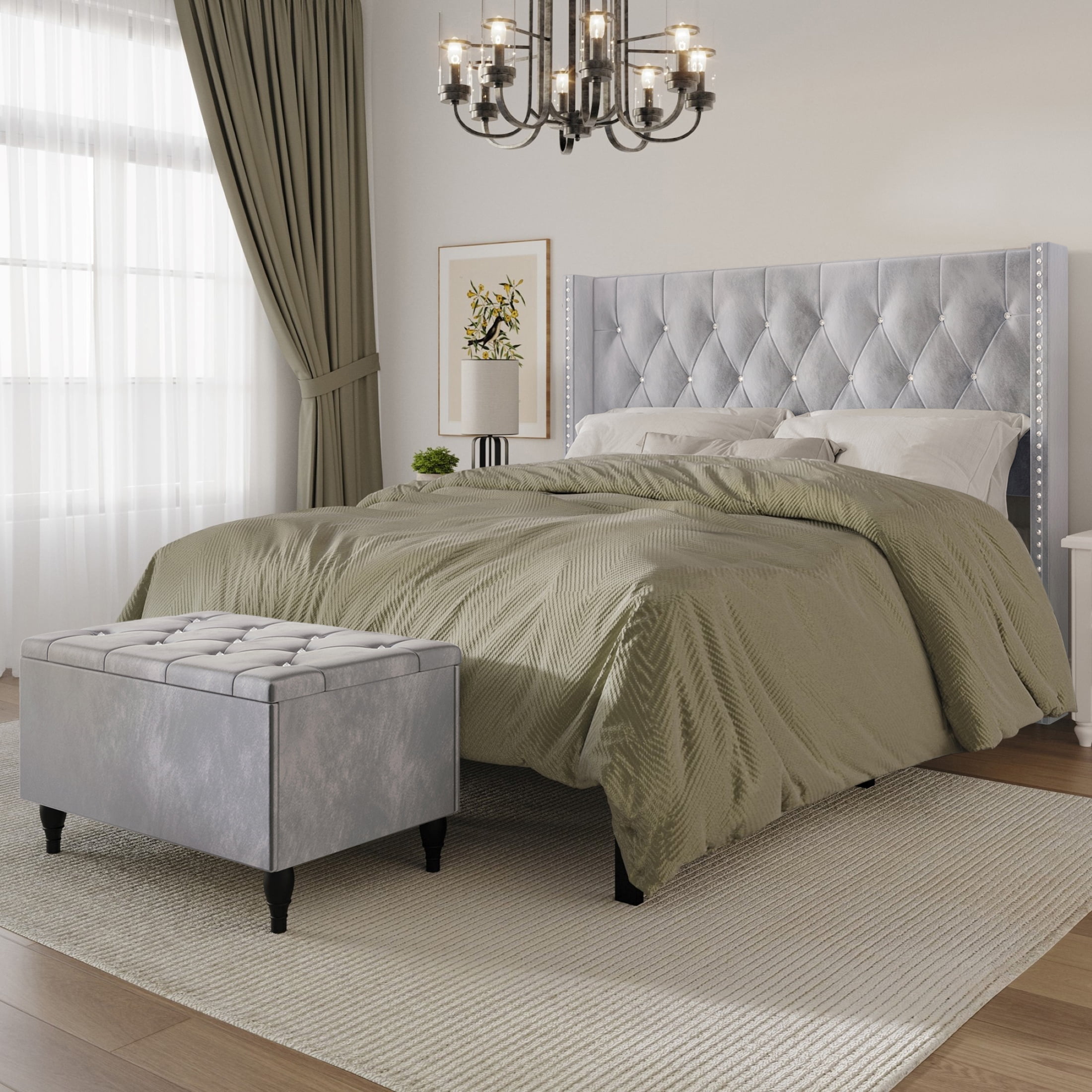 Castle Place Button Tufted Wingback Velvet Upholstered Bed with Storage Bench, Silver Grey, Queen