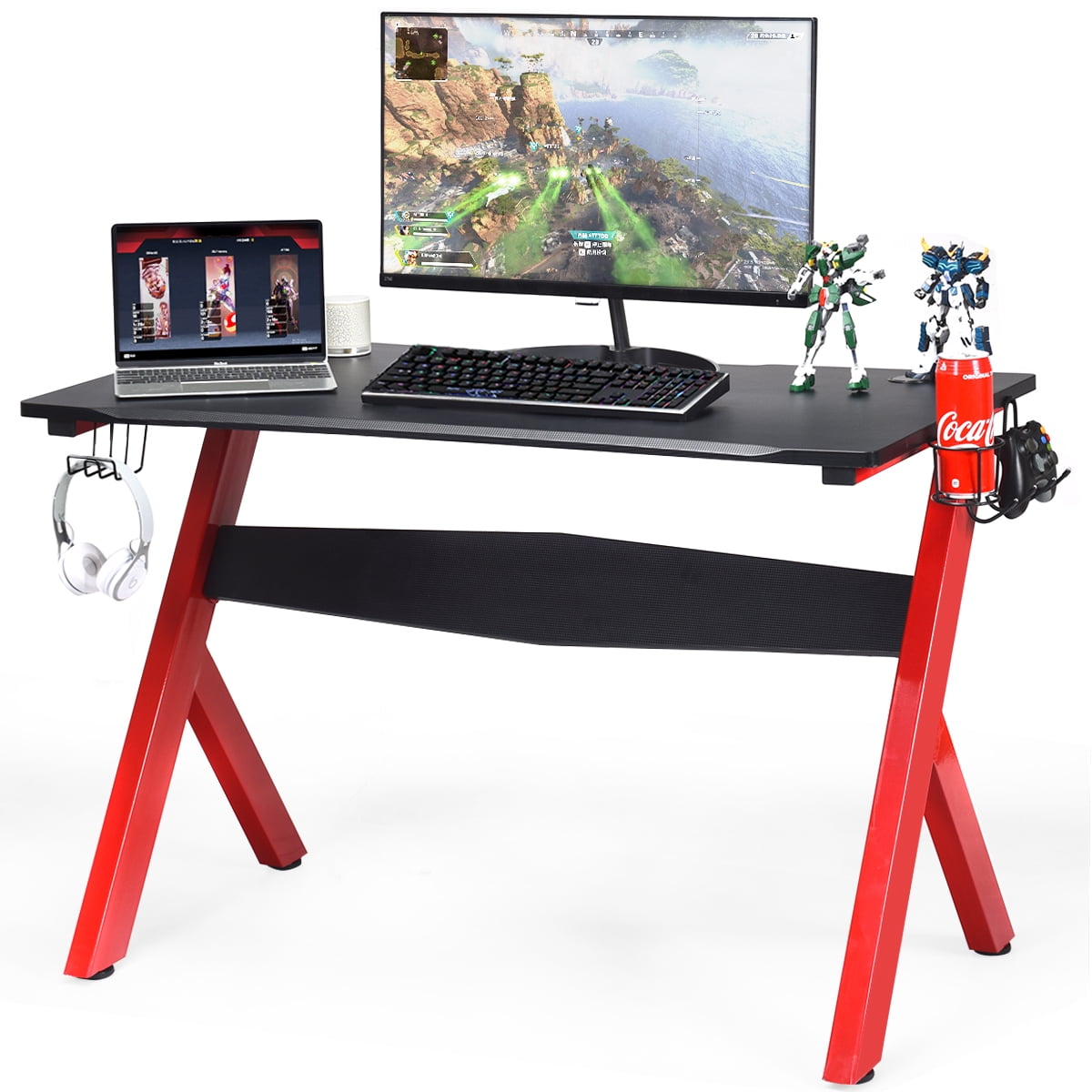 Details about   40 inch Gaming Desk  Removable Monitor Shelf and Cup Headphone Gamepad Holder 