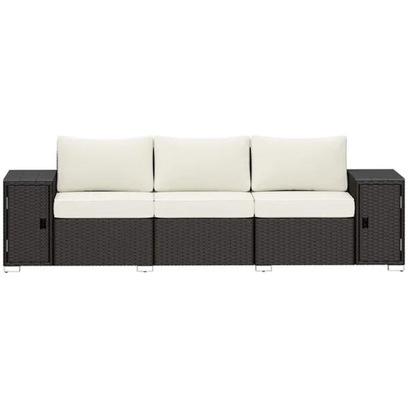 Wicker Outdoor Couch Patio Sofa with Storage, Thickened Cushions and Wide Armrests, Cream White