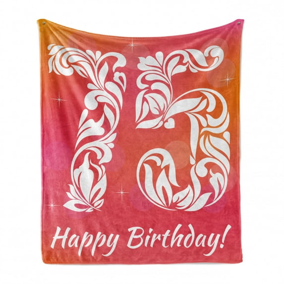 75th Birthday Soft Flannel Fleece Throw Blanket, 75 Number with Floral Details and Swirls Little Stars, Cozy Plush for Indoor and Outdoor Use, 50" x 60", Pink Orange and White, by Ambesonne