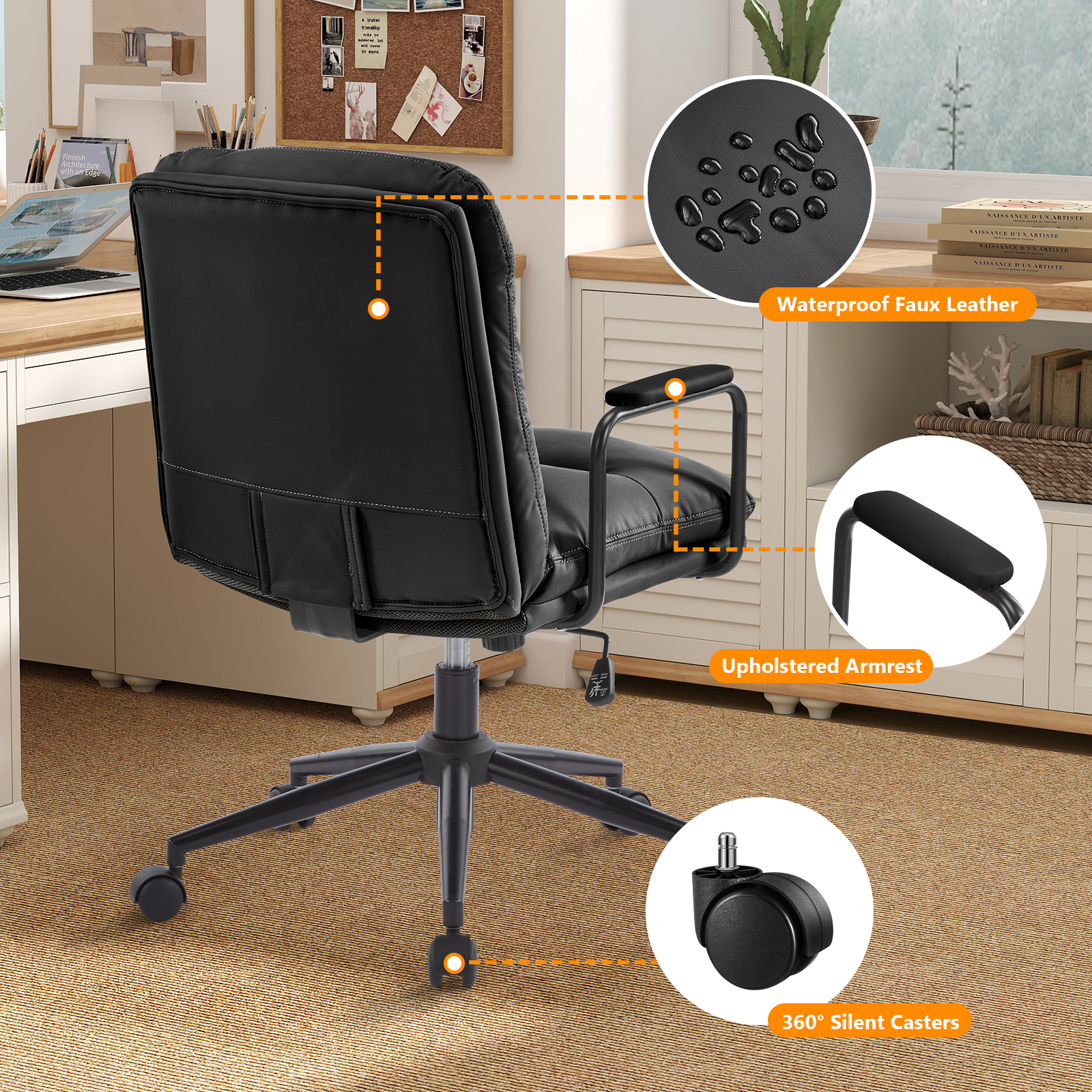Falvinoryn Modern Office Chair, High Back Ergonomic Task Chair with Padded Armrests and Double Cushion, Swivel Home Office Desk Chair, Faux Leather Executive Armchair for Home, Bedroom (Black)