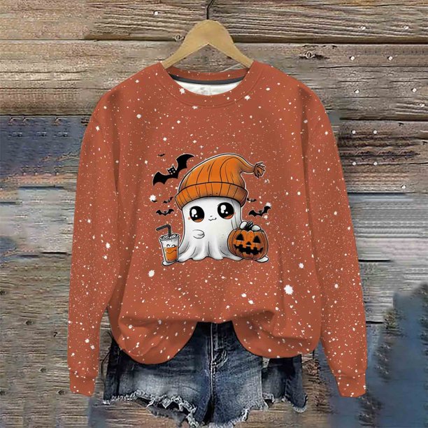 Heisall Womens Hoodies Halloween-themed Sparkling Print Round Neck Long Sleeve Fleece-lined Casual Sporty Fashion Sweatshirts