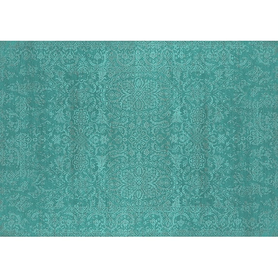 Ahgly Company Machine Washable Indoor Rectangle Oriental Turquoise Blue Industrial Area Rugs, 7' x 10'