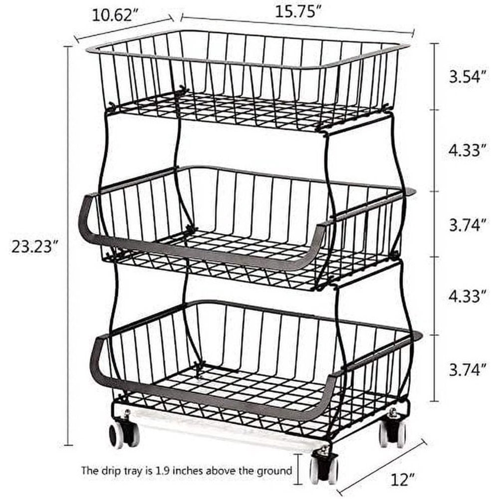 TEAFIRST 3 Tier Basket Cart, Stackable Metal Wire Baskets with Rolling Wheels Storage, Black