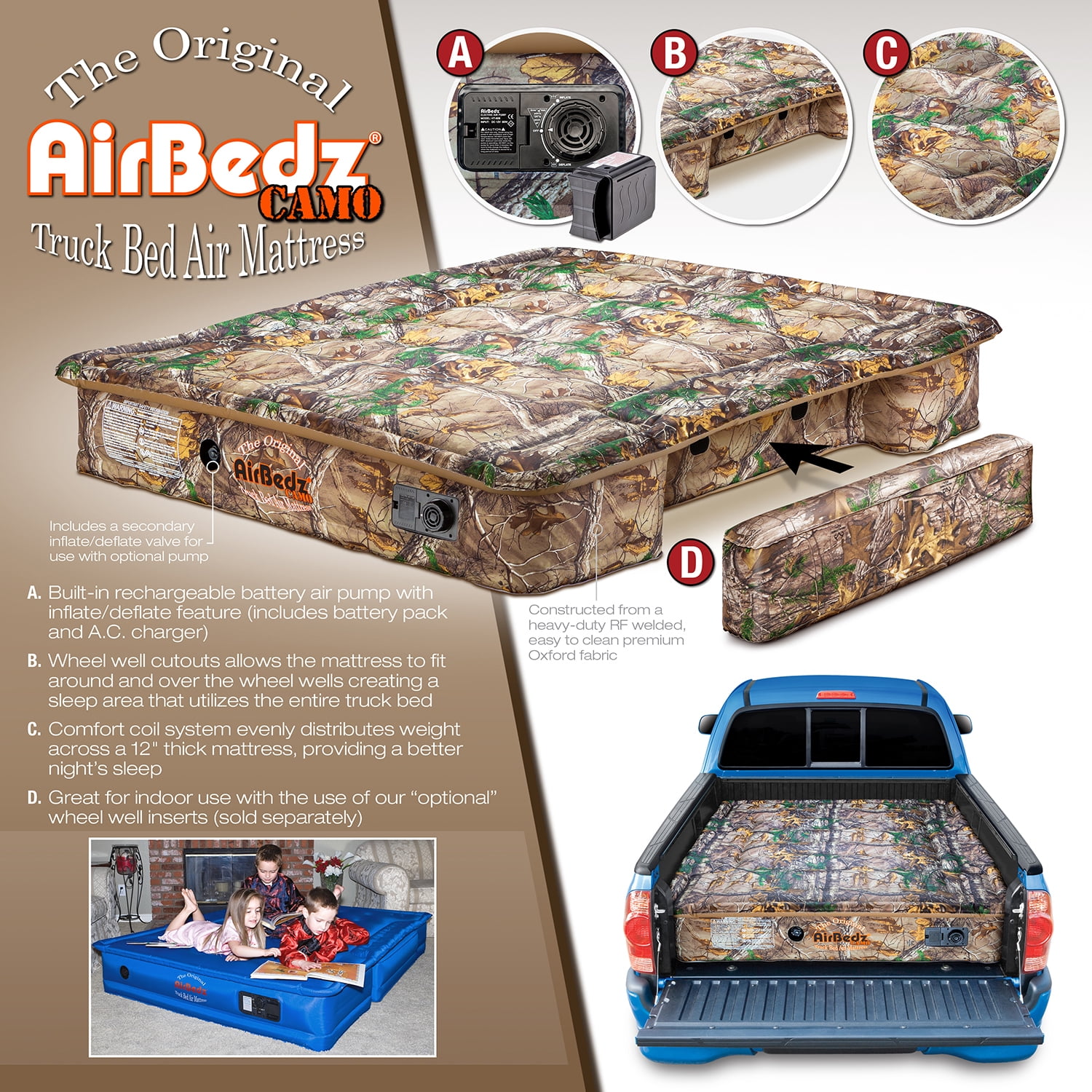 Airbedz by Pittman Outdoors - Truck Bed Air Mattress Full Size 8.0' Ft Bed With Built-In Rechargeable Battery Air Pump Camo