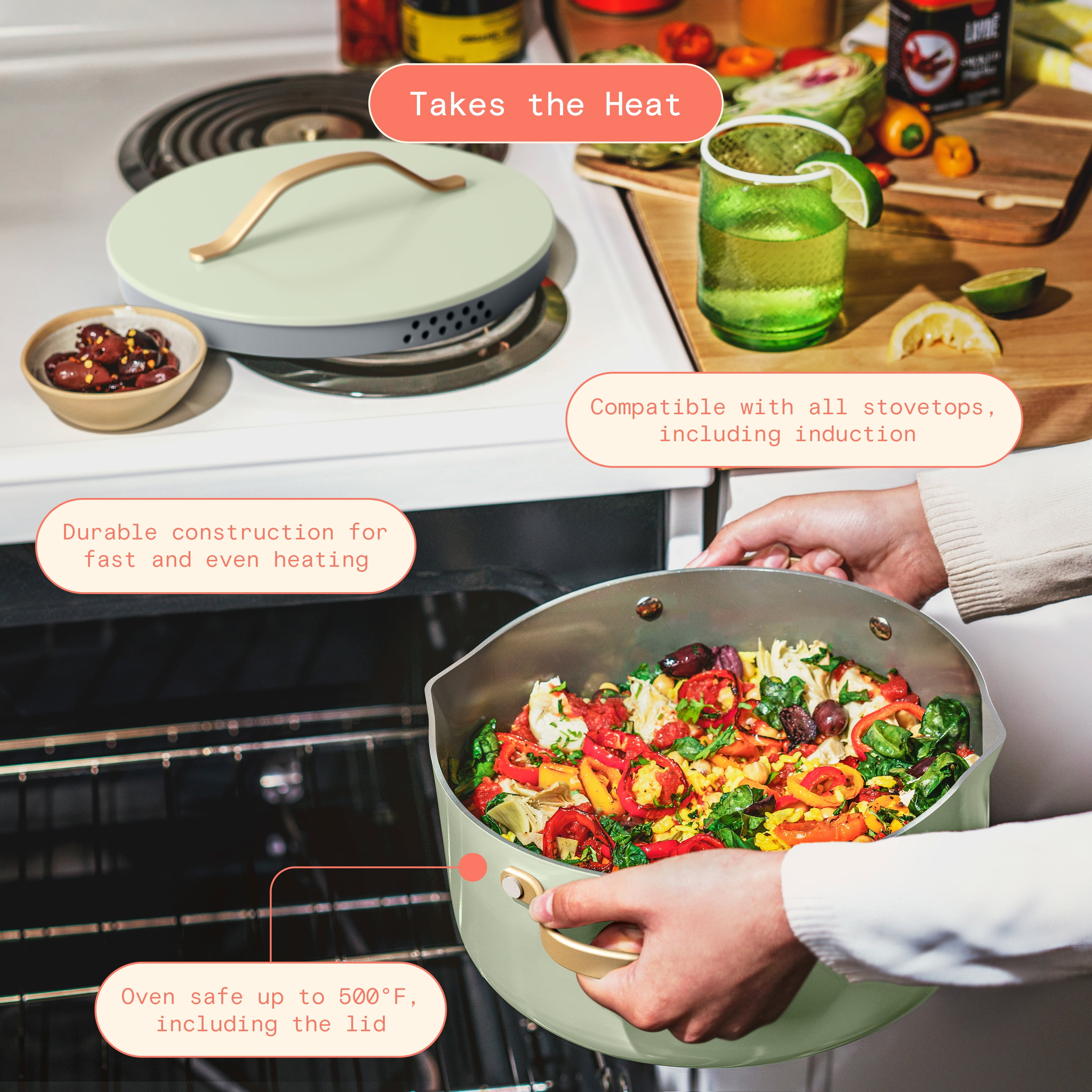 Beautiful 5 Quart Ceramic Non-Stick Dutch Oven with Strainer Lid, Sage Green by Drew Barrymore