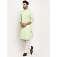 thumbnail image 4 of eloria Men's Lime Green Solid Angrakha Thread Work Kurta With Churidar Pyjama, 4 of 6