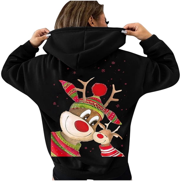 Sudaderas con capucha navideñas para mujer, sudaderas con capucha de manga larga a la moda con gráfico de alces bonitos, sudaderas informales Fridja FKASFK5482