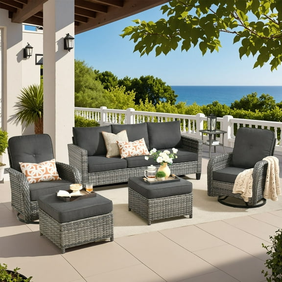 Vcatnet Outdoor Patio Furniture with Swivel Rockers 6 Pieces Sectioal Sofa All Weather Wicker Conversation Set with Ottoman for Porch, Deck, Black