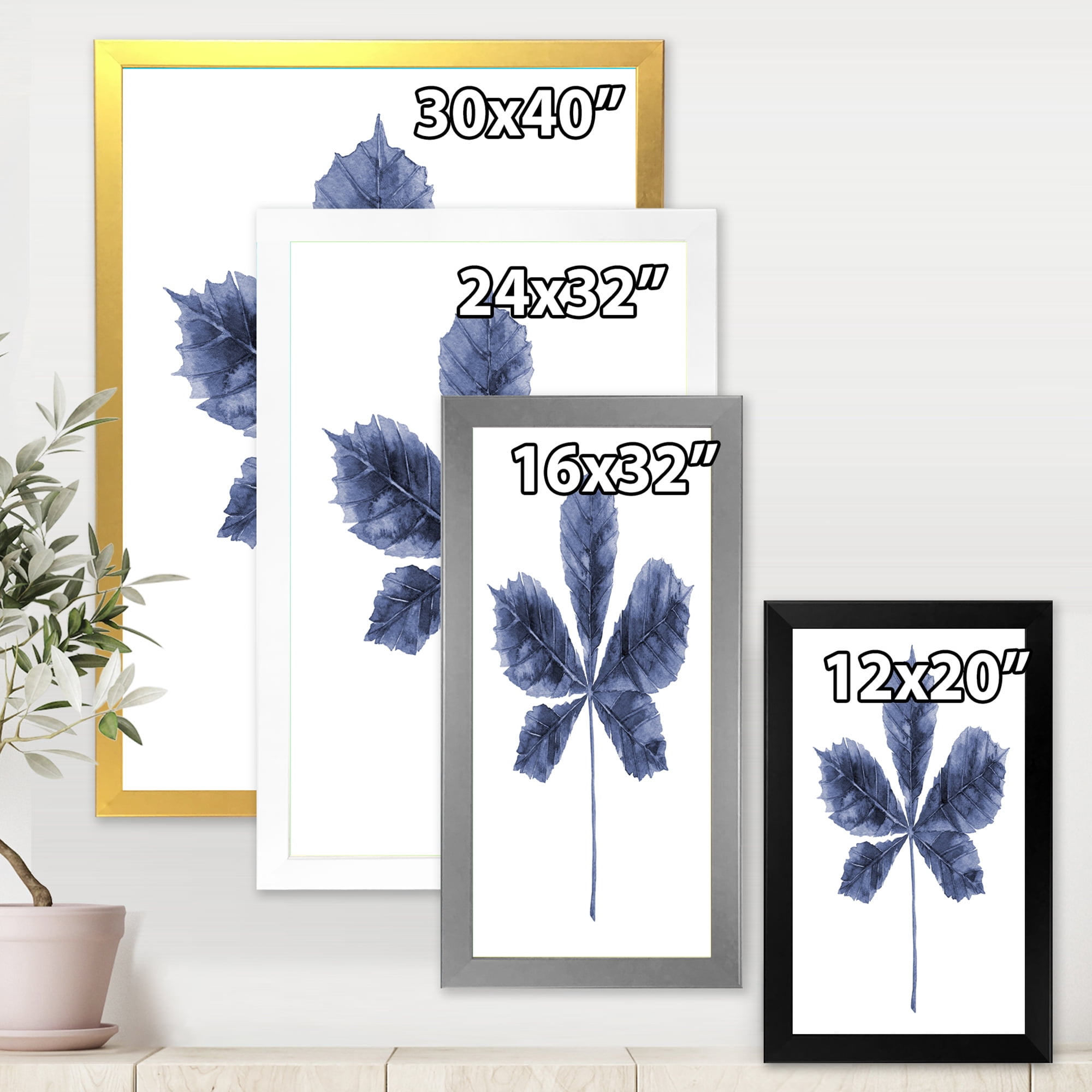 Designart 'Navy Blue Chestnut Leaf On White' Traditional Framed Art Print