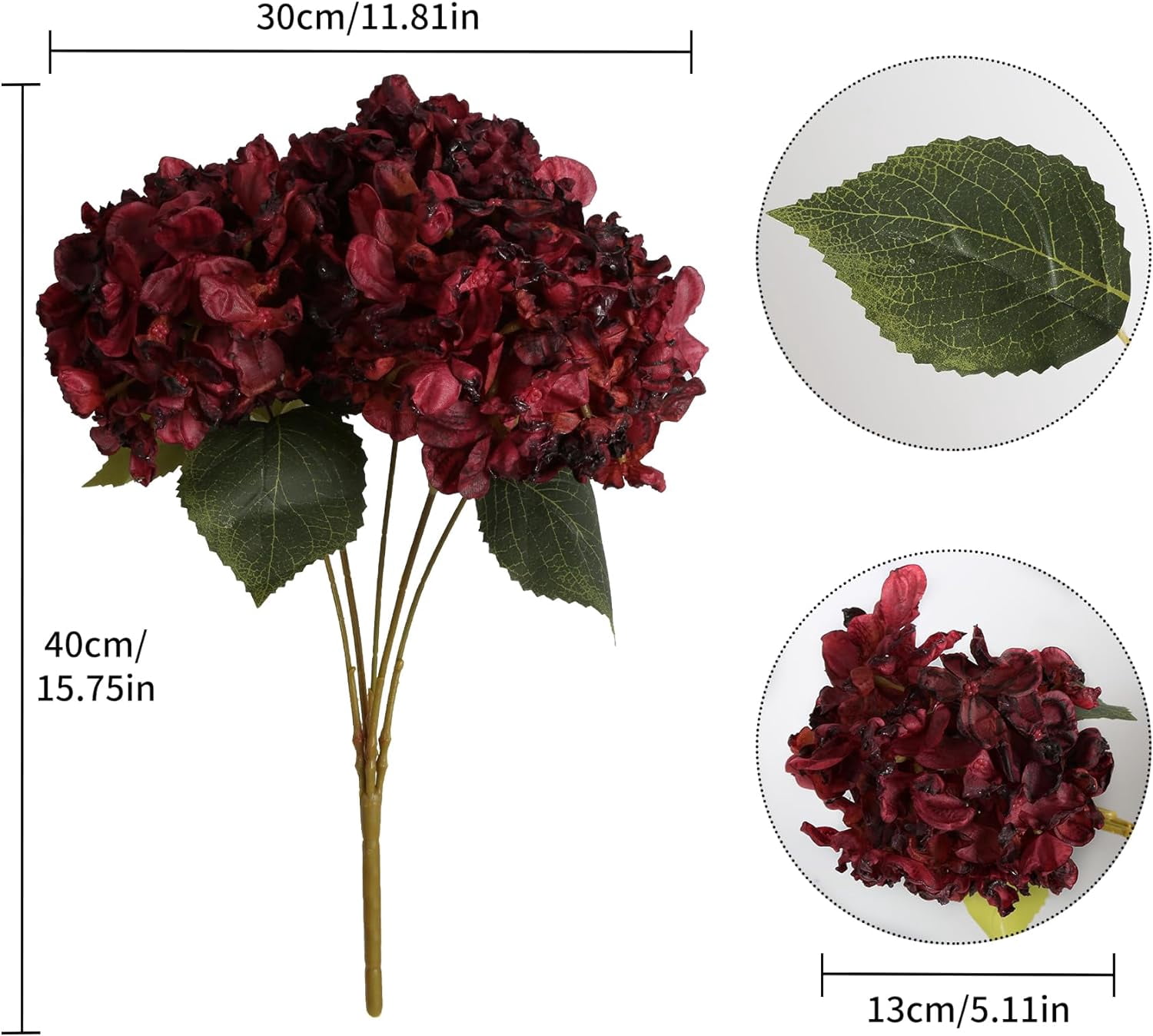 Burgundy Artificial Hydrangea Flowers, Heads White Silk Hydrangeas Fake Dried Flowers with Stems Faux Hydrangea for Wedding Bouquet Centerpieces for Table Wall Decorations (Burgundy)