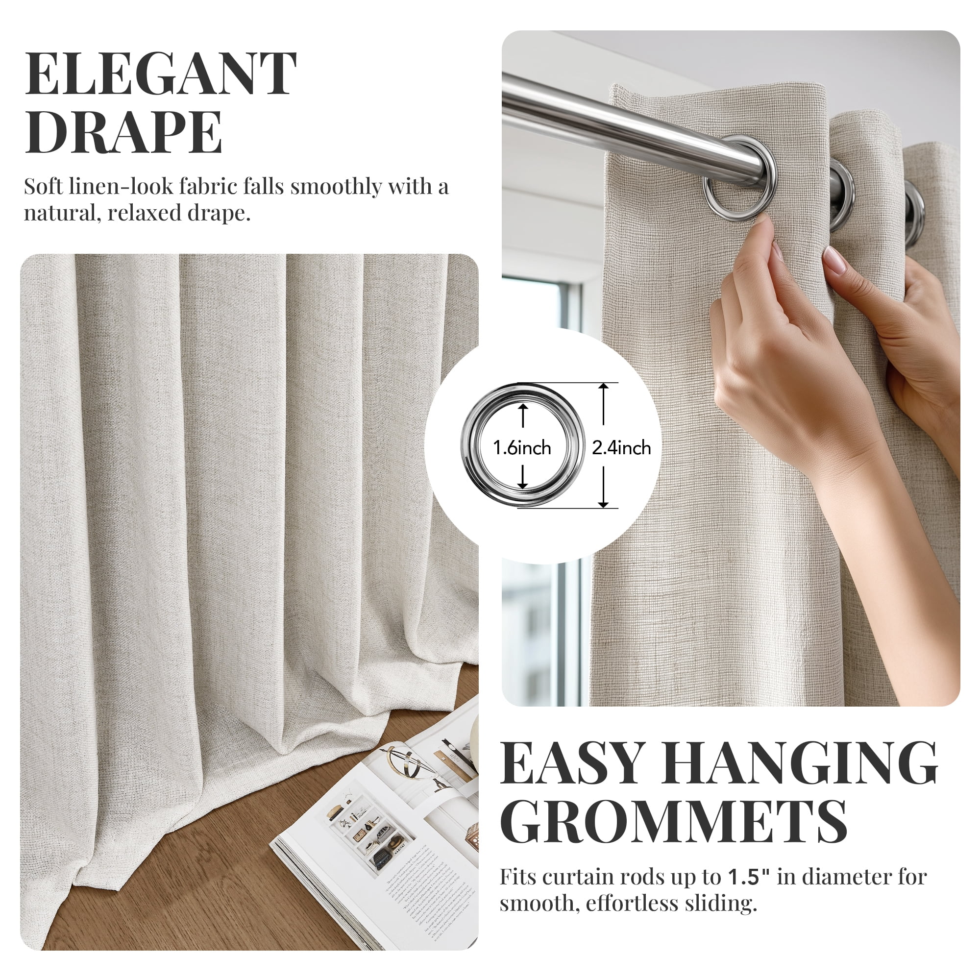 ZOPZO 100% Blackout Curtain Classic Natural Linen, Noise Reducing, 52W x 84L Inch, Double Brushed Fabric Geometric Embroidery, Set of 2