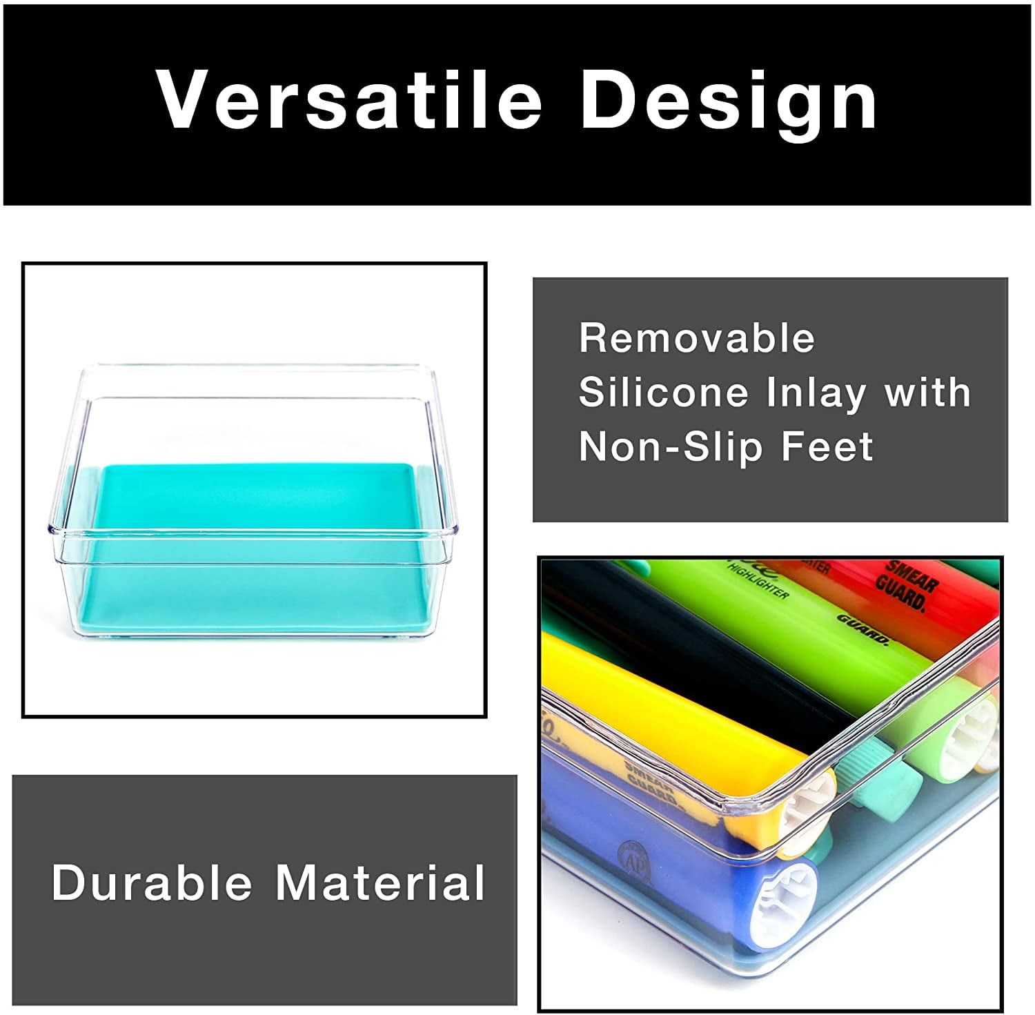Smart Design Plastic Drawer Organizer - Set of 6 - 6 x 6 Inch - Silicone Bottoms - BPA Free - Utensils, Silverware, Organization - Kitchen - Blue